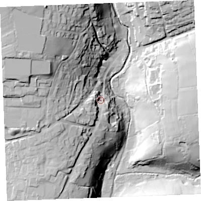 Shaded relief map of the ground around PL329PG, computed from Environment Agency LiDAR. The ground here sits at about 194 m above sea level and falls 59 m across the surrounding 800 m. Surface water reaching this point runs off ground lying to the west, 33.0 m higher.