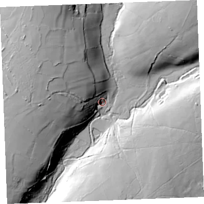 Shaded relief map of the ground around PL329QE, computed from Environment Agency LiDAR. The ground here sits at about 205 m above sea level and falls 43 m across the surrounding 800 m. Surface water reaching this point runs off ground lying to the west-north-west, 35.8 m higher.
