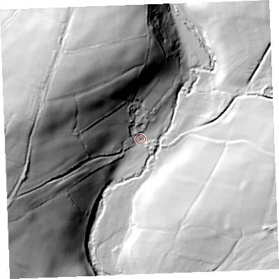 Shaded relief map of the ground around PL329QP, computed from Environment Agency LiDAR. The ground here sits at about 152 m above sea level and falls 55 m across the surrounding 800 m. Surface water reaching this point runs off ground lying to the north-west, 44.6 m higher.