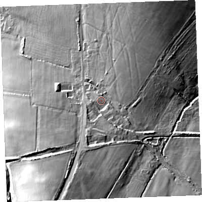 Shaded relief map of the ground around PL329SW, computed from Environment Agency LiDAR. The ground here sits at about 237 m above sea level and falls 49 m across the surrounding 800 m. Surface water reaching this point runs off ground lying to the south-south-east, 4.8 m higher.