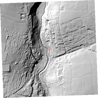 Shaded relief map of the ground around PL329TB, computed from Environment Agency LiDAR. The ground here sits at about 186 m above sea level and falls 63 m across the surrounding 800 m. Surface water reaching this point runs off ground lying to the north-west, 58.3 m higher.