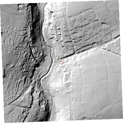 Shaded relief map of the ground around PL329TH, computed from Environment Agency LiDAR. The ground here sits at about 187 m above sea level and falls 59 m across the surrounding 800 m. Surface water reaching this point runs off ground lying to the north-east, 39.3 m higher.