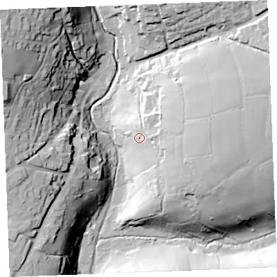 Shaded relief map of the ground around PL329TL, computed from Environment Agency LiDAR. The ground here sits at about 198 m above sea level and falls 55 m across the surrounding 800 m. Surface water reaching this point runs off ground lying to the east, 20.1 m higher.