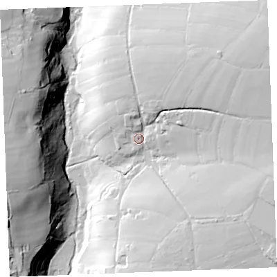 Shaded relief map of the ground around PL329TR, computed from Environment Agency LiDAR. The ground here sits at about 213 m above sea level and falls 57 m across the surrounding 800 m. Surface water reaching this point runs off ground lying to the north-east, 33.5 m higher.