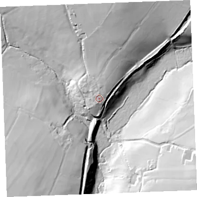 Shaded relief map of the ground around PL329UB, computed from Environment Agency LiDAR. The ground here sits at about 236 m above sea level and falls 44 m across the surrounding 800 m. Surface water reaching this point runs off ground lying to the north, 4.4 m higher.