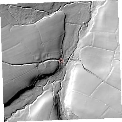 Shaded relief map of the ground around PL329YR, computed from Environment Agency LiDAR. The ground here sits at about 167 m above sea level and falls 48 m across the surrounding 800 m. Surface water reaching this point runs off ground lying to the west-south-west, 31.8 m higher.