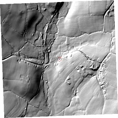 Shaded relief map of the ground around PL339ES, computed from Environment Agency LiDAR. The ground here sits at about 106 m above sea level and falls 46 m across the surrounding 800 m. Surface water reaching this point runs off ground lying to the east, 17.3 m higher.