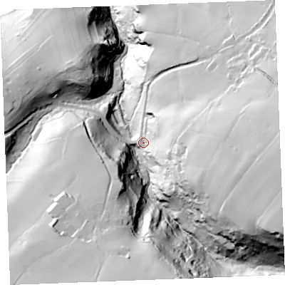 Shaded relief map of the ground around PL340BB, computed from Environment Agency LiDAR. The ground here sits at about 54 m above sea level and falls 107 m across the surrounding 800 m. Surface water reaching this point runs off ground lying to the east-south-east, 83.6 m higher.