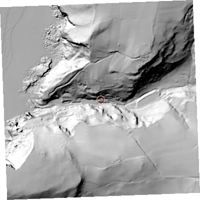 Shaded relief map of the ground around PL340HB, computed from Environment Agency LiDAR. The ground here sits at about 22 m above sea level and falls 111 m across the surrounding 800 m. Surface water reaching this point runs off ground lying to the north-north-east, 89.6 m higher.