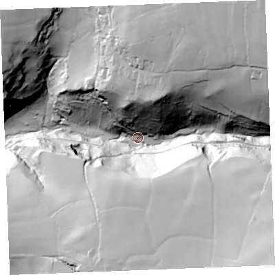 Shaded relief map of the ground around PL340HD, computed from Environment Agency LiDAR. The ground here sits at about 51 m above sea level and falls 120 m across the surrounding 800 m. Surface water reaching this point runs off ground lying to the south-east, 102.0 m higher.