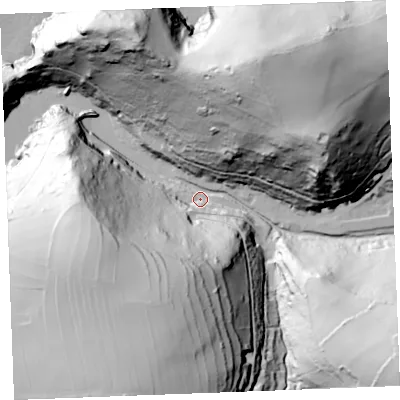 Shaded relief map of the ground around PL350AG, computed from Environment Agency LiDAR. The ground here sits at about 8 m above sea level and falls 108 m across the surrounding 800 m. Surface water reaching this point runs off ground lying to the south-east, 98.9 m higher.