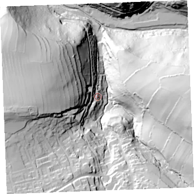Shaded relief map of the ground around PL350AJ, computed from Environment Agency LiDAR. The ground here sits at about 45 m above sea level and falls 115 m across the surrounding 800 m. Surface water reaching this point runs off ground lying to the west, 65.6 m higher.