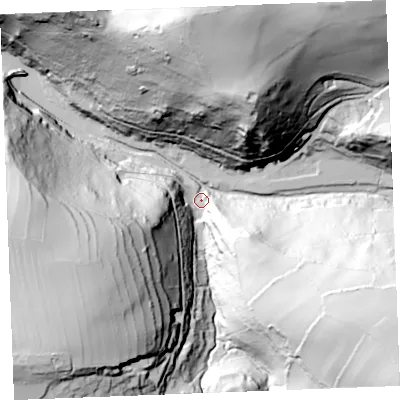 Shaded relief map of the ground around PL350AQ, computed from Environment Agency LiDAR. The ground here sits at about 13 m above sea level and falls 124 m across the surrounding 800 m. Surface water reaching this point runs off ground lying to the south-east, 113.0 m higher.