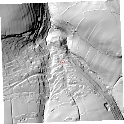 Shaded relief map of the ground around PL350AX, computed from Environment Agency LiDAR. The ground here sits at about 79 m above sea level and falls 128 m across the surrounding 800 m. Surface water reaching this point runs off ground lying to the south-south-east, 73.0 m higher.