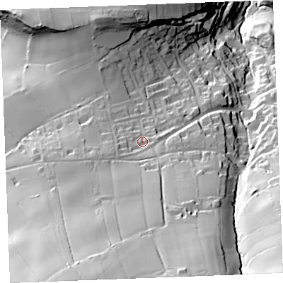Shaded relief map of the ground around PL350EZ, computed from Environment Agency LiDAR. The ground here sits at about 103 m above sea level and falls 135 m across the surrounding 800 m. Surface water reaching this point runs off ground lying to the south, 61.4 m higher.
