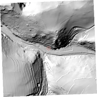 Shaded relief map of the ground around PL350HB, computed from Environment Agency LiDAR. The ground here sits at about 12 m above sea level and falls 125 m across the surrounding 800 m. Surface water reaching this point runs off ground lying to the north, 88.2 m higher.