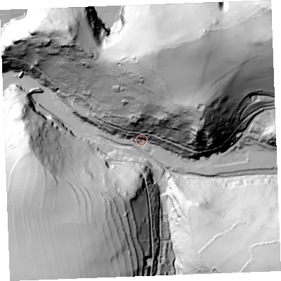 Shaded relief map of the ground around PL350HD, computed from Environment Agency LiDAR. The ground here sits at about 11 m above sea level and falls 116 m across the surrounding 800 m. Surface water reaching this point runs off ground lying to the north-north-east, 90.8 m higher.