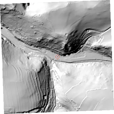 Shaded relief map of the ground around PL350HE, computed from Environment Agency LiDAR. The ground here sits at about 10 m above sea level and falls 127 m across the surrounding 800 m. Surface water reaching this point runs off ground lying to the north, 88.2 m higher.