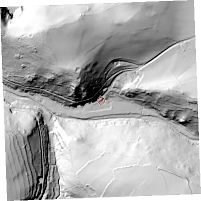 Shaded relief map of the ground around PL350HF, computed from Environment Agency LiDAR. The ground here sits at about 18 m above sea level and falls 125 m across the surrounding 800 m. Surface water reaching this point runs off ground lying to the north-north-west, 82.0 m higher.