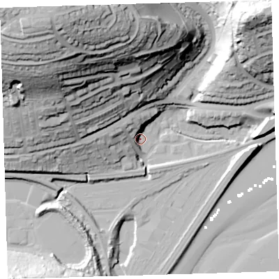 Shaded relief map of the ground around PL36AH, computed from Environment Agency LiDAR. The ground here sits at about 3 m above sea level and falls 89 m across the surrounding 800 m. Surface water reaching this point runs off ground lying to the north-west, 78.1 m higher.