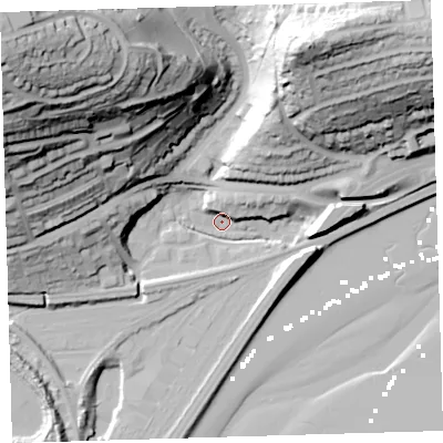 Shaded relief map of the ground around PL36AJ, computed from Environment Agency LiDAR. The ground here sits at about 1 m above sea level and falls 87 m across the surrounding 800 m. Surface water reaching this point runs off ground lying to the north-west, 85.5 m higher.