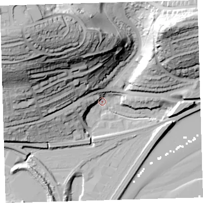 Shaded relief map of the ground around PL36AR, computed from Environment Agency LiDAR. The ground here sits at about 2 m above sea level and falls 90 m across the surrounding 800 m. Surface water reaching this point runs off ground lying to the north-west, 86.5 m higher.