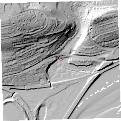 Shaded relief map of the ground around PL36AW, computed from Environment Agency LiDAR. The ground here sits at about 2 m above sea level and falls 89 m across the surrounding 800 m. Surface water reaching this point runs off ground lying to the north-west, 86.5 m higher.