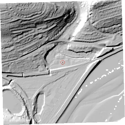 Shaded relief map of the ground around PL36AY, computed from Environment Agency LiDAR. The ground here sits at about 3 m above sea level and falls 88 m across the surrounding 800 m. Surface water reaching this point runs off ground lying to the south-west, 6.7 m higher.