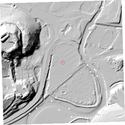 Shaded relief map of the ground around PL36RL, computed from Environment Agency LiDAR. The ground here sits at about 4 m above sea level and falls 80 m across the surrounding 800 m. Surface water reaching this point runs off ground lying to the west, 1.2 m higher.