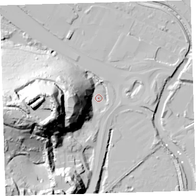 Shaded relief map of the ground around PL36RW, computed from Environment Agency LiDAR. The ground here sits at about 4 m above sea level and falls 80 m across the surrounding 800 m. Surface water reaching this point runs off ground lying to the west-south-west, 76.4 m higher.