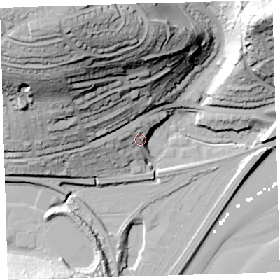 Shaded relief map of the ground around PL36TD, computed from Environment Agency LiDAR. The ground here sits at about 13 m above sea level and falls 89 m across the surrounding 800 m. Surface water reaching this point runs off ground lying to the north-west, 78.1 m higher.