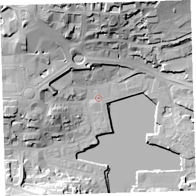 Shaded relief map of the ground around PL40AD, computed from Environment Agency LiDAR. The ground here sits at about 3 m above sea level and falls 34 m across the surrounding 800 m. Surface water reaching this point runs off ground lying to the west, 12.8 m higher.