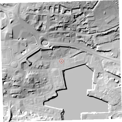 Shaded relief map of the ground around PL40AU, computed from Environment Agency LiDAR. The ground here sits at about 3 m above sea level and falls 37 m across the surrounding 800 m. Surface water reaching this point runs off ground lying to the north, 32.3 m higher.