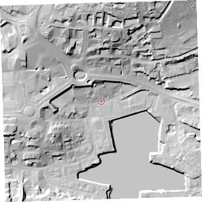 Shaded relief map of the ground around PL40BB, computed from Environment Agency LiDAR. The ground here sits at about 4 m above sea level and falls 38 m across the surrounding 800 m. Surface water reaching this point runs off ground lying to the north, 32.1 m higher.