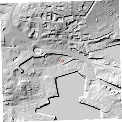 Shaded relief map of the ground around PL40BD, computed from Environment Agency LiDAR. The ground here sits at about 4 m above sea level and falls 41 m across the surrounding 800 m. Surface water reaching this point runs off ground lying to the north, 34.8 m higher.