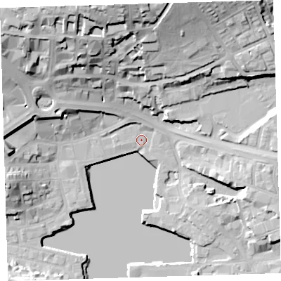 Shaded relief map of the ground around PL40BJ, computed from Environment Agency LiDAR. The ground here sits at about 4 m above sea level and falls 38 m across the surrounding 800 m. Surface water reaching this point runs off ground lying to the north-north-west, 33.0 m higher.