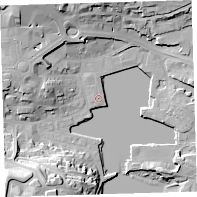 Shaded relief map of the ground around PL40BL, computed from Environment Agency LiDAR. The ground here sits at about 4 m above sea level and falls 35 m across the surrounding 800 m. Surface water reaching this point runs off ground lying to the north-north-west, 1.2 m higher.