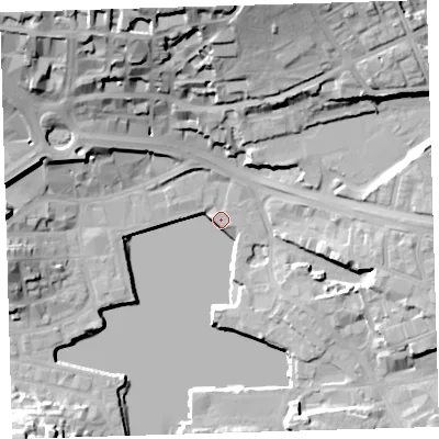 Shaded relief map of the ground around PL40BN, computed from Environment Agency LiDAR. The ground here sits at about 3 m above sea level and falls 34 m across the surrounding 800 m. Surface water reaching this point runs off ground lying to the north-north-west, 33.9 m higher.