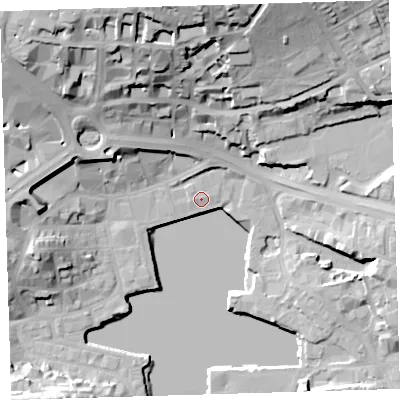 Shaded relief map of the ground around PL40BS, computed from Environment Agency LiDAR. The ground here sits at about 4 m above sea level and falls 36 m across the surrounding 800 m. Surface water reaching this point runs off ground lying to the north-east, 2.6 m higher.