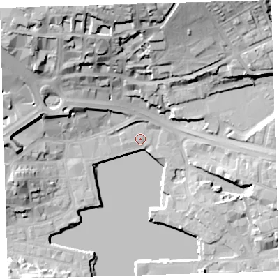Shaded relief map of the ground around PL40BU, computed from Environment Agency LiDAR. The ground here sits at about 4 m above sea level and falls 37 m across the surrounding 800 m. Surface water reaching this point runs off ground lying to the north-north-east, 2.0 m higher.