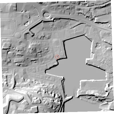Shaded relief map of the ground around PL40DD, computed from Environment Agency LiDAR. The ground here sits at about 3 m above sea level and falls 37 m across the surrounding 800 m. Surface water reaching this point runs off ground lying to the south-west, 35.8 m higher.