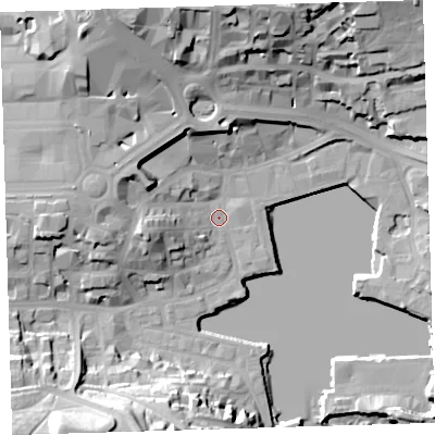 Shaded relief map of the ground around PL40DE, computed from Environment Agency LiDAR. The ground here sits at about 3 m above sea level and falls 34 m across the surrounding 800 m. Surface water reaching this point runs off ground lying to the west-south-west, 11.4 m higher.