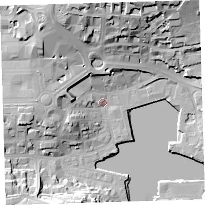 Shaded relief map of the ground around PL40DF, computed from Environment Agency LiDAR. The ground here sits at about 4 m above sea level and falls 35 m across the surrounding 800 m. Surface water reaching this point runs off ground lying to the west, 12.8 m higher.