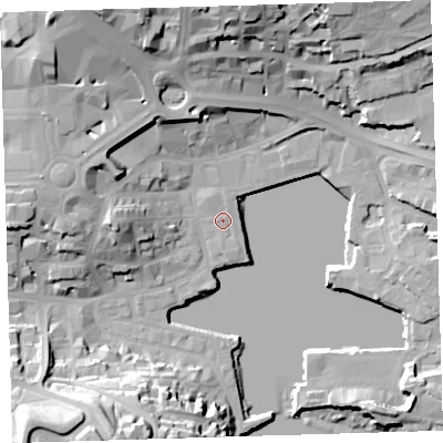 Shaded relief map of the ground around PL40DH, computed from Environment Agency LiDAR. The ground here sits at about 3 m above sea level and falls 35 m across the surrounding 800 m. Surface water reaching this point runs off ground lying to the north-north-west, 1.1 m higher.