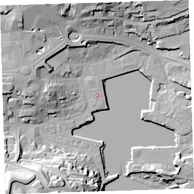 Shaded relief map of the ground around PL40DJ, computed from Environment Agency LiDAR. The ground here sits at about 3 m above sea level and falls 36 m across the surrounding 800 m. Surface water reaching this point runs off ground lying to the north-north-west, 1.2 m higher.