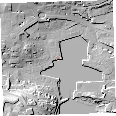Shaded relief map of the ground around PL40DN, computed from Environment Agency LiDAR. The ground here sits at about 4 m above sea level and falls 35 m across the surrounding 800 m. Surface water reaching this point runs off ground lying to the south-west, 34.5 m higher.