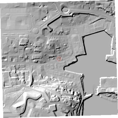 Shaded relief map of the ground around PL40EF, computed from Environment Agency LiDAR. The ground here sits at about 4 m above sea level and falls 38 m across the surrounding 800 m. Surface water reaching this point runs off ground lying to the north-north-west, 11.0 m higher.