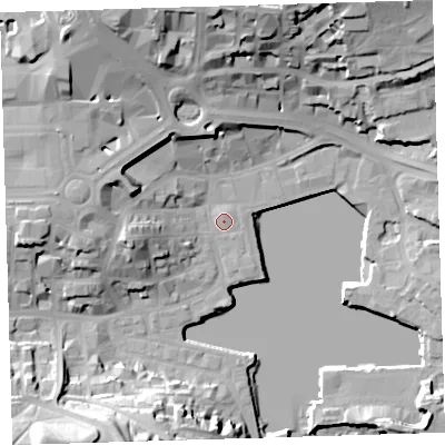 Shaded relief map of the ground around PL40EP, computed from Environment Agency LiDAR. The ground here sits at about 4 m above sea level and falls 34 m across the surrounding 800 m. Surface water reaching this point runs off ground lying to the west-south-west, 11.0 m higher.