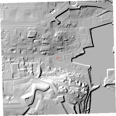 Shaded relief map of the ground around PL40ER, computed from Environment Agency LiDAR. The ground here sits at about 3 m above sea level and falls 38 m across the surrounding 800 m. Surface water reaching this point runs off ground lying to the south-west, 33.3 m higher.
