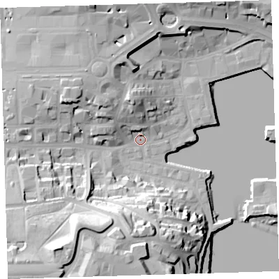 Shaded relief map of the ground around PL40ET, computed from Environment Agency LiDAR. The ground here sits at about 3 m above sea level and falls 38 m across the surrounding 800 m. Surface water reaching this point runs off ground lying to the south-west, 33.4 m higher.